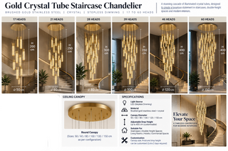 Gold Crystal Tube Staircase Chandelier – Brushed Gold Stainless Steel & Crystal, Stepless Dimming, 17 to 60 Heads-GraffitiWallArts