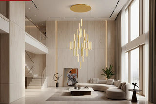 Gold Crystal Tube Staircase Chandelier – Brushed Gold Stainless Steel & Crystal, Stepless Dimming, 17 to 60 Heads-GraffitiWallArts