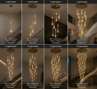 Gold Water Drop Crystal Pendant Staircase Chandelier – French or Bronze Gold, 1 to 45 Lights, 2 Drop Sizes-GraffitiWallArts