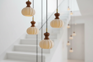 Handblown Ribbed Glass Pumpkin Staircase Pendant Light – White Ash Wood & Titanium Gold, 6 to 18 Heads