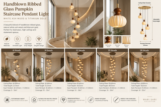Handblown Ribbed Glass Pumpkin Staircase Pendant Light – White Ash Wood & Titanium Gold, 6 to 18 Heads