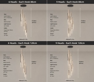 Hooked Bars Linear Staircase Chandelier – Black or Gold, 6 or 9 Heads, 88 or 120 cm Hook, Tri-Colour-GraffitiWallArts