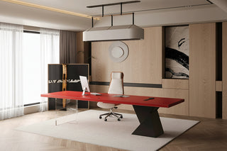 Italian Minimalist Red Leather Executive Desk – Acrylic & Black Geometric Leg-GraffitiWallArts