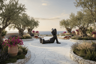 KAWS sculpture in Mediterranean hotel garden
