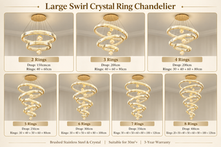 Large Swirl Crystal Ring Chandelier – Brushed Stainless & Crystal, 30m²+, 3-Year Warranty-GraffitiWallArts