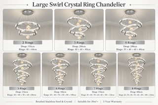 Large Swirl Crystal Ring Chandelier – Brushed Stainless & Crystal, 30m²+, 3-Year Warranty-GraffitiWallArts