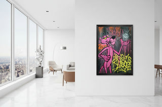 Pink Panther cartoon art on a black canvas with colorful graffiti, holding a diamond, framed.