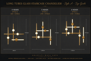 Lustre Escalier en Verre Tubes Longs – Suspension LED Moderne, Style A (4 à 6 Têtes) & Style B (5 à 36 Têtes)