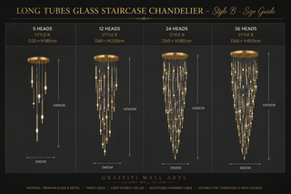 Lustre Escalier en Verre Tubes Longs – Suspension LED Moderne, Style A (4 à 6 Têtes) & Style B (5 à 36 Têtes)