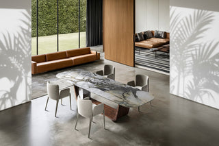 Marble Dining Table – Italian Minimalist Racetrack Top with Walnut Arch Base-GraffitiWallArts