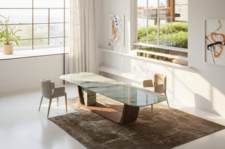 Marble Dining Table – Italian Minimalist Racetrack Top with Walnut Arch Base-GraffitiWallArts