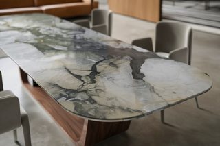 Marble Dining Table – Italian Minimalist Racetrack Top with Walnut Arch Base-GraffitiWallArts