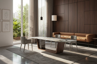 Marble Dining Table – Italian Minimalist Racetrack Top with Walnut Arch Base-GraffitiWallArts