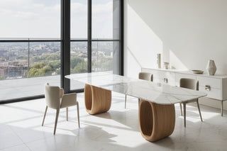 Marble Dining Table – Italian Minimalist Sculptural Oval Ring Walnut Base-GraffitiWallArts