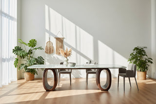 Marble Dining Table – Italian Minimalist Sculptural Oval Ring Walnut Base-GraffitiWallArts