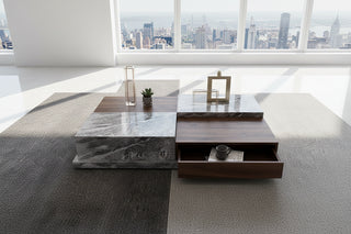 Marble & Walnut Coffee Table – Italian Minimalist with Open Storage Compartment-GraffitiWallArts