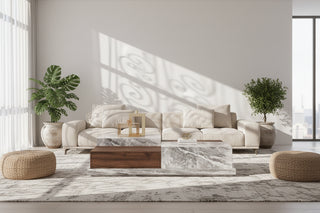 Marble & Walnut Coffee Table – Italian Minimalist with Open Storage Compartment-GraffitiWallArts