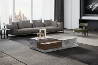 Marble & Walnut Coffee Table – Italian Minimalist with Open Storage Compartment-GraffitiWallArts