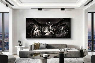 Marilyn and Legends black and white canvas wall art in a modern living room.