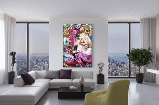 Vibrant Marilyn Monroe and Pink Panther street graffiti art on a Cadillac, framed canvas.