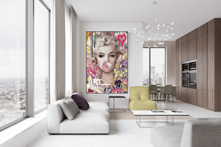 Vibrant Marilyn Monroe chewing gum pop art canvas with graffiti, pink heart, and diamond on a brick wall.