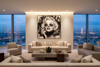 Marilyn Monroe Pop Art canvas, black and white, featuring her in sunglasses with a cigarette, modern style.