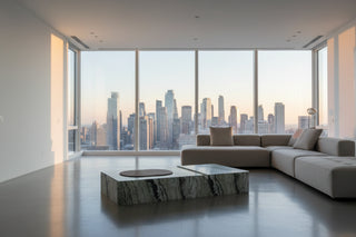 Monolithic Marble Block Coffee Table – Ultra-Low Slab Form with Walnut Inset Tray-GraffitiWallArts