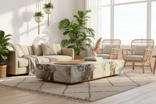 Monolithic Marble Block Coffee Table – Ultra-Low Slab Form with Walnut Inset Tray-GraffitiWallArts