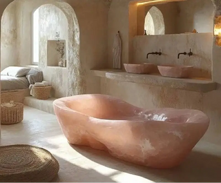 Pink Agate Freestanding Bathtub Irregular Marble Glass Design Custom Size-GraffitiWallArts
