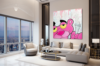 Large Pink Panther canvas wall art with dripping pink paint and money symbols, displayed in a modern living room.