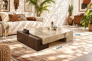 Rectangular Marble Coffee Table – Italian Light Luxury Monet Grey Stone & Walnut-GraffitiWallArts