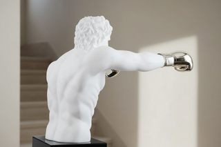 Retro Boxing Bust Sculpture – White Resin Boxer with Gold Electroplated Gloves-GraffitiWallArts