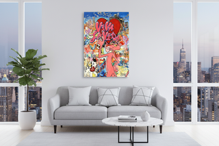 Vibrant Pink Panther graffiti art canvas with a red heart, displayed above a gray sofa in a modern room with city views.