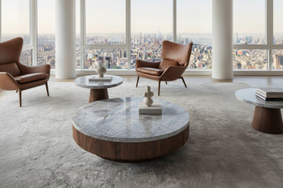 Round Marble Coffee Table Set – Italian Minimalist Natural Stone & Walnut Wood-GraffitiWallArts