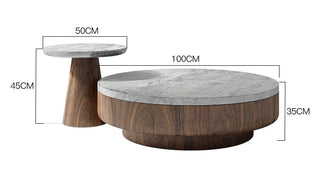 Round Marble Coffee Table Set – Italian Minimalist Natural Stone & Walnut Wood-GraffitiWallArts