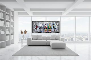 Scrooge Super Heroes at Work Wall Art, a colorful canvas poster with a floating black frame, displayed in a modern white living room.