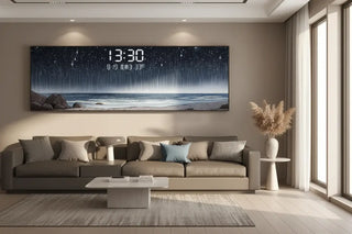 Digitale wandklok aan de kust – luxe LED-sfeerk lok met temperatuur en datum