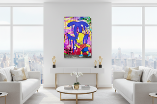 Vibrant Simpson canvas wall art with Bart graffiti tagging a blue Chanel logo, displayed in a modern living room.