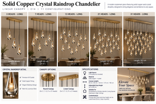 Solid Copper Crystal Raindrop Chandelier – Round or Linear Canopy, E14, 11 Configurations-GraffitiWallArts