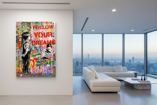Vibrant street graffiti canvas art with "Follow Your Dreams" text and two boys, perfect for modern decor.