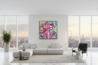 Vibrant Pink Panther graffiti art canvas with Fendi and Rolls-Royce logos, displayed on a brick wall.