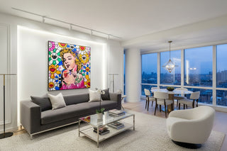 Vibrant pop art canvas of Marilyn Monroe with colorful smiley sunflowers, ready to hang.