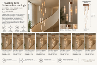 Travertine Tube Staircase Pendant Light – Copper & Rose-Gold Finish, Full-Spectrum LED, 6 to 36 Heads