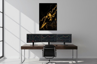 Wall Street Millionaire Black Gold Bull Canvas Wall Art | Gold Bull Dark Cityscape Trading Print-GraffitiWallArts