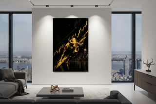 Wall Street Millionaire Black Gold Bull Canvas Wall Art | Gold Bull Dark Cityscape Trading Print-GraffitiWallArts