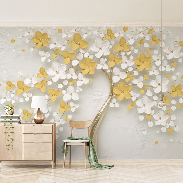 3D Tree White & Yellow Large Flowers Wallpaper Murals