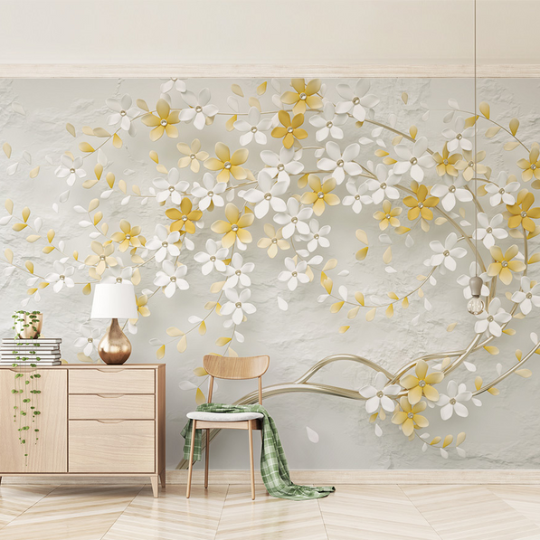 3D Tree White & Yellow Flowers Wallpaper Murals