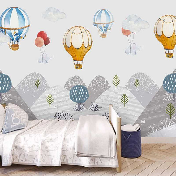 Elephants Hanging from Air Balloons: Kids Nursery Wallpaper