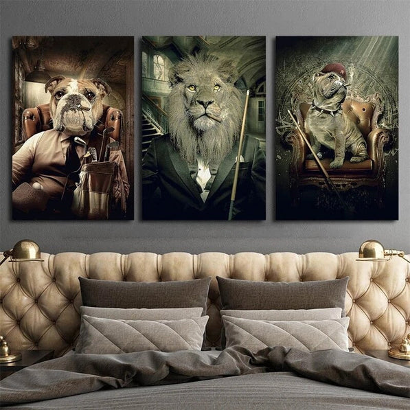 Animals Lions and Dogs Playing Billiards Canvas Wall Art