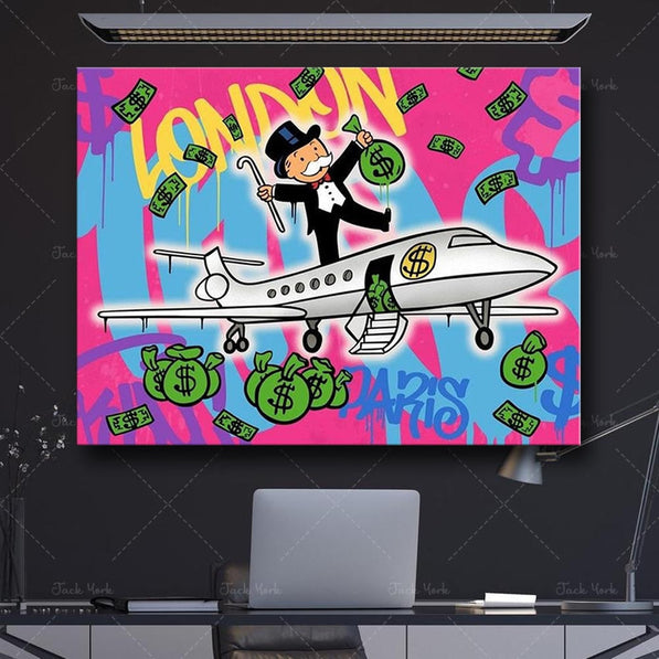 Alec Monopoly Flying to London Paris Canvas Wall Art